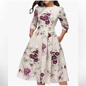 Simple Flavor Women's Floral Vintage Dress Elegant Midi Evening Dress 3/4 Sleeve
